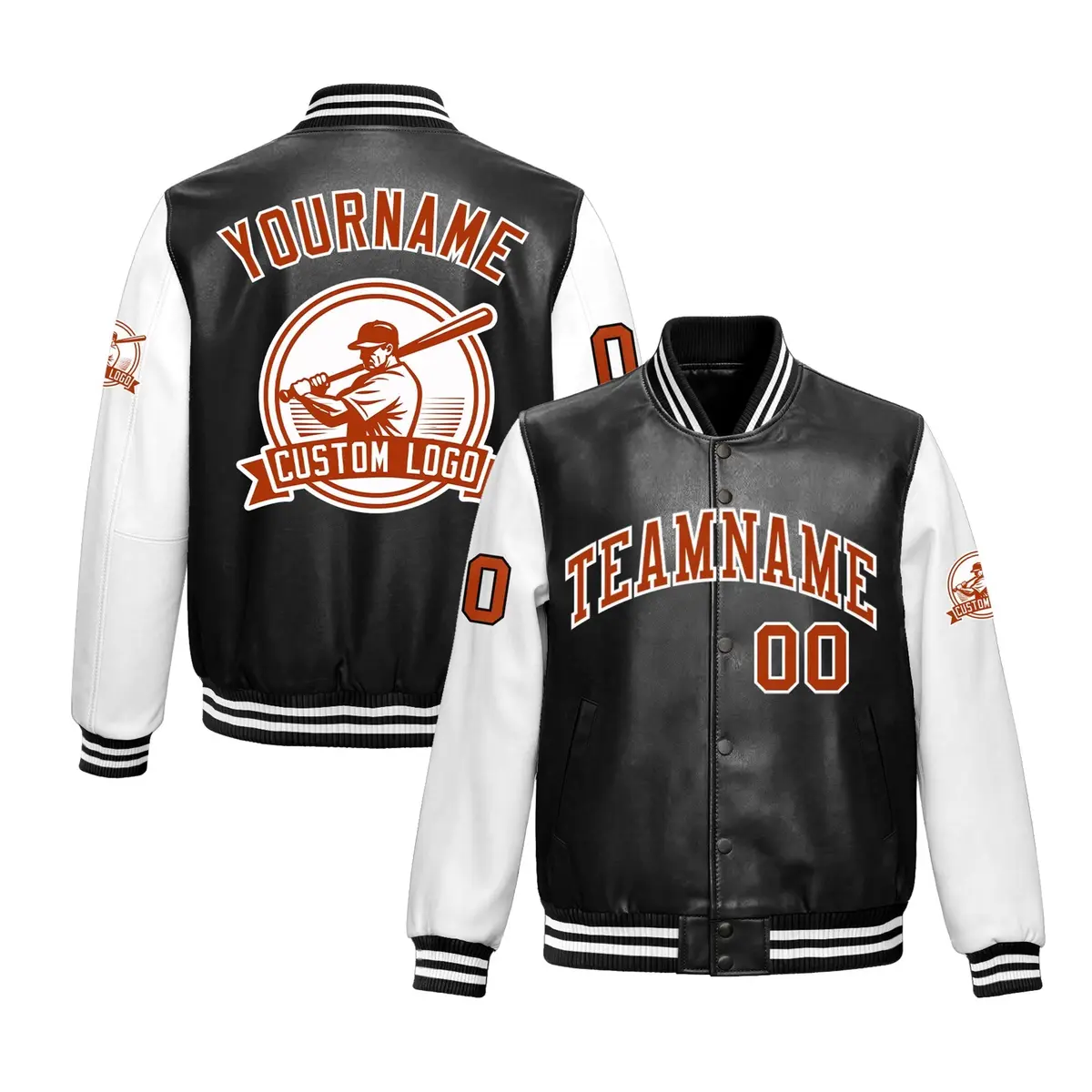 Black White Raglan Full-Snap Faux Leather Letterman Jacket