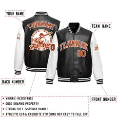 Black White Raglan Full-Snap Faux Leather Letterman Jacket 2