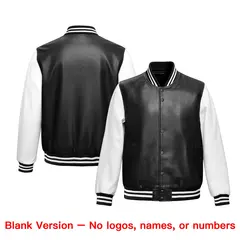 Black White Raglan Full-Snap Faux Leather Letterman Jacket 6