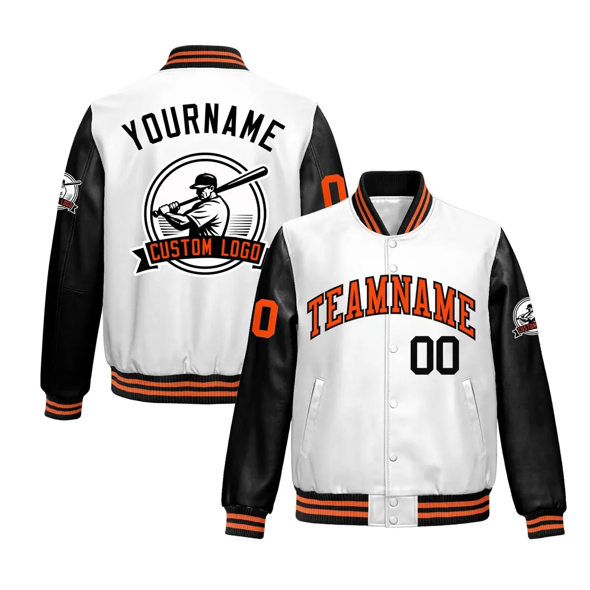 Black White Raglan Full-Snap Faux Leather Letterman Jacket