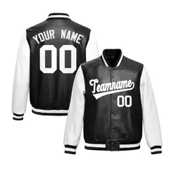 Black White Raglan Full-Snap Varsity Faux Leather Letterman Jacket 1