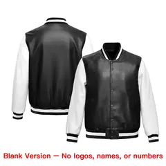 Black White Raglan Full-Snap Varsity Faux Leather Letterman Jacket 6