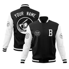 Black White Raglan Full-Snap Varsity Letterman Baseball Jacket