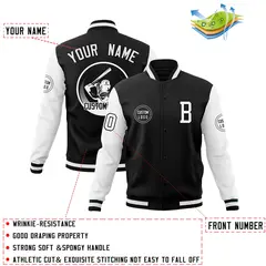 Black White Raglan Full-Snap Varsity Letterman Baseball Jacket 4