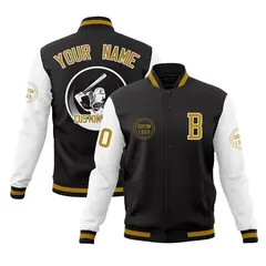 Black White Raglan Full-Snap Varsity Letterman Baseball Jacket 1