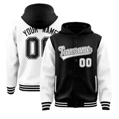 Black White Raglan Full-Snap Varsity Two Tone Letterman Jacket Hoodie