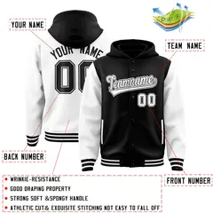 Black White Raglan Full-Snap Varsity Two Tone Letterman Jacket Hoodie 4