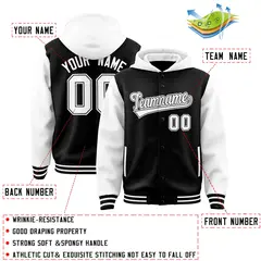 Black White Raglan Full-Snap Varsity Two Tone Letterman Jacket Hoodie 4