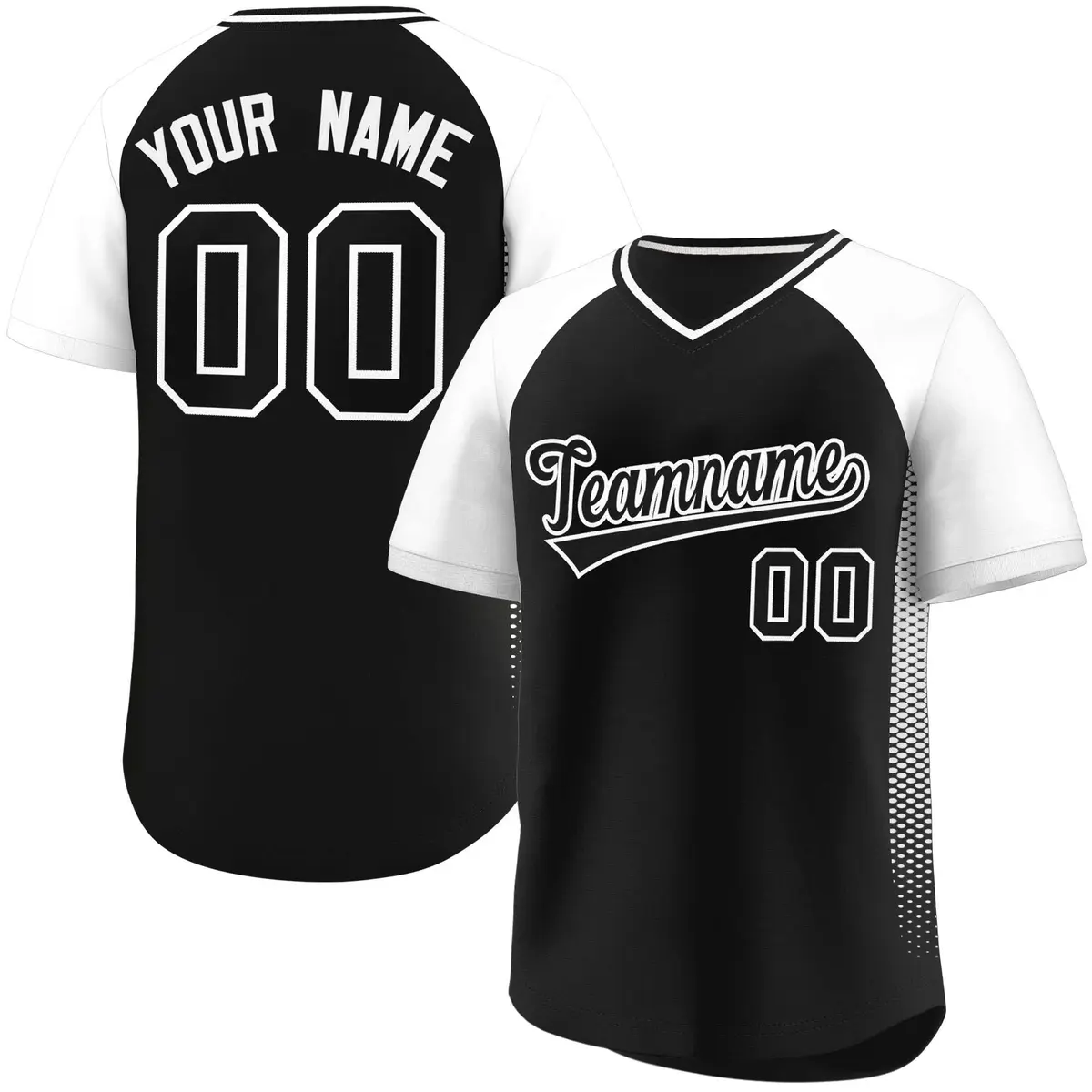 Black White Raglan Side Spot Pullover Baseball Jersey