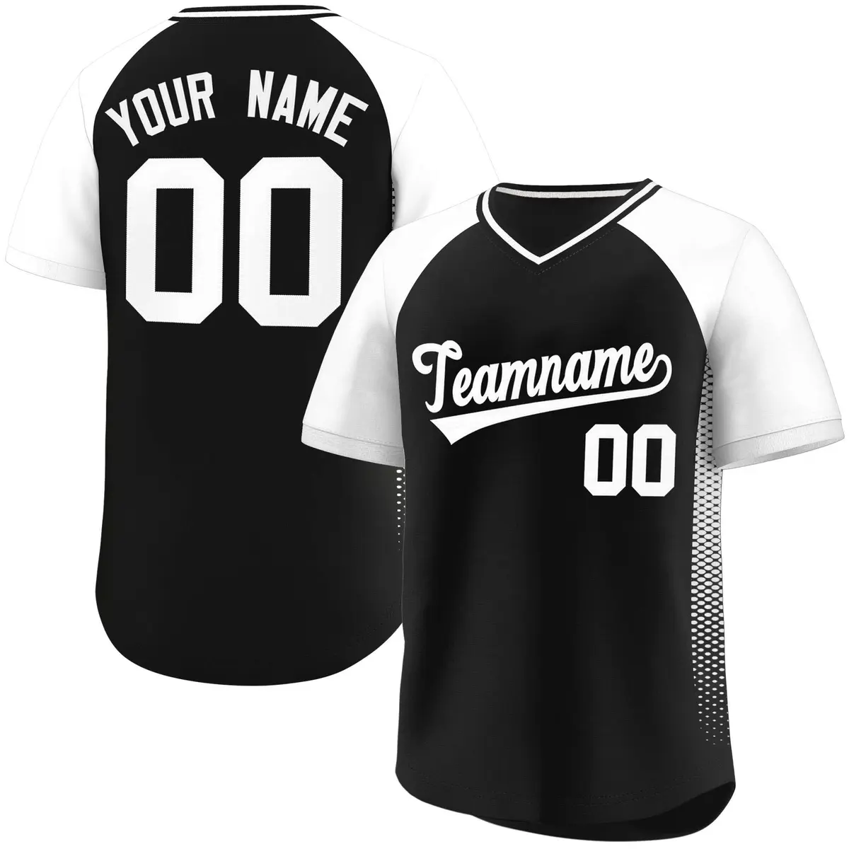 Black White Raglan Side Spot Pullover Baseball Jersey