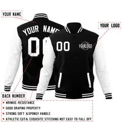 Black White Raglan Sleeves Cotton Letterman Jacket 2