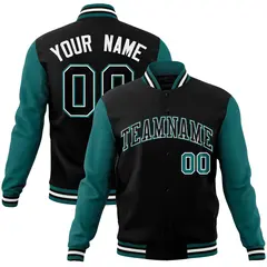 Black White Raglan Sleeves Full-Snap Varsity Letterman Jacket 1