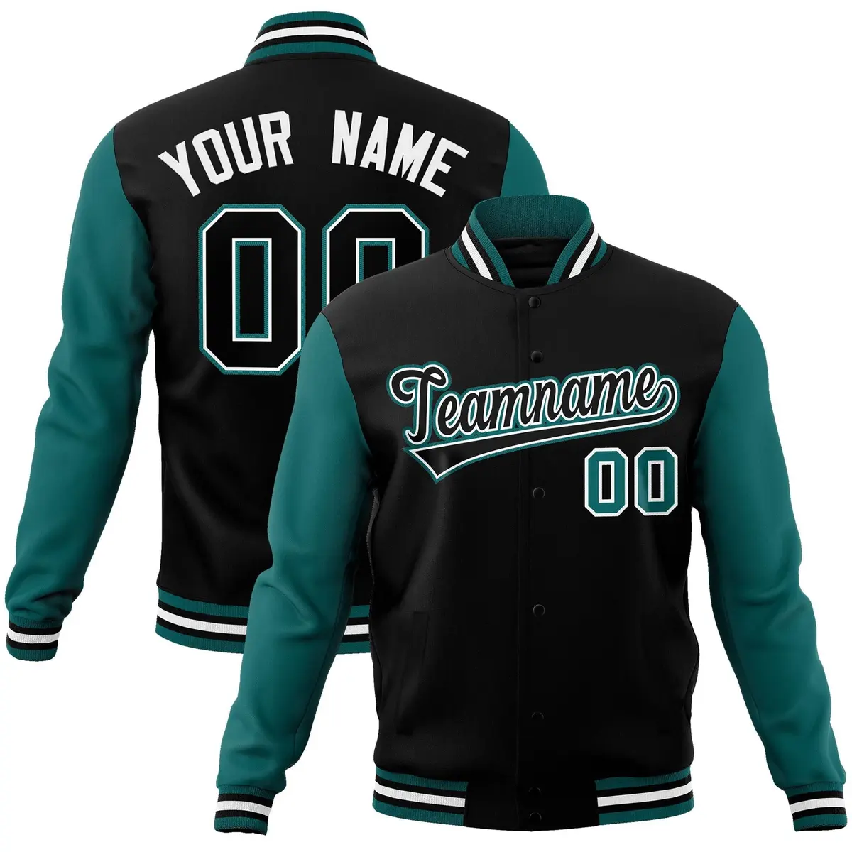 Black White Raglan Sleeves Full-Snap Varsity Letterman Jacket