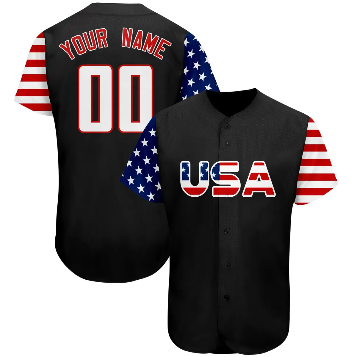 Black White-Red American Flag Baseball Jersey