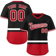 Black White-Red Color Block V-Neck Pullover Baseball Jersey