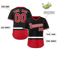 Black White-Red Color Block V-Neck Pullover Baseball Jersey 2