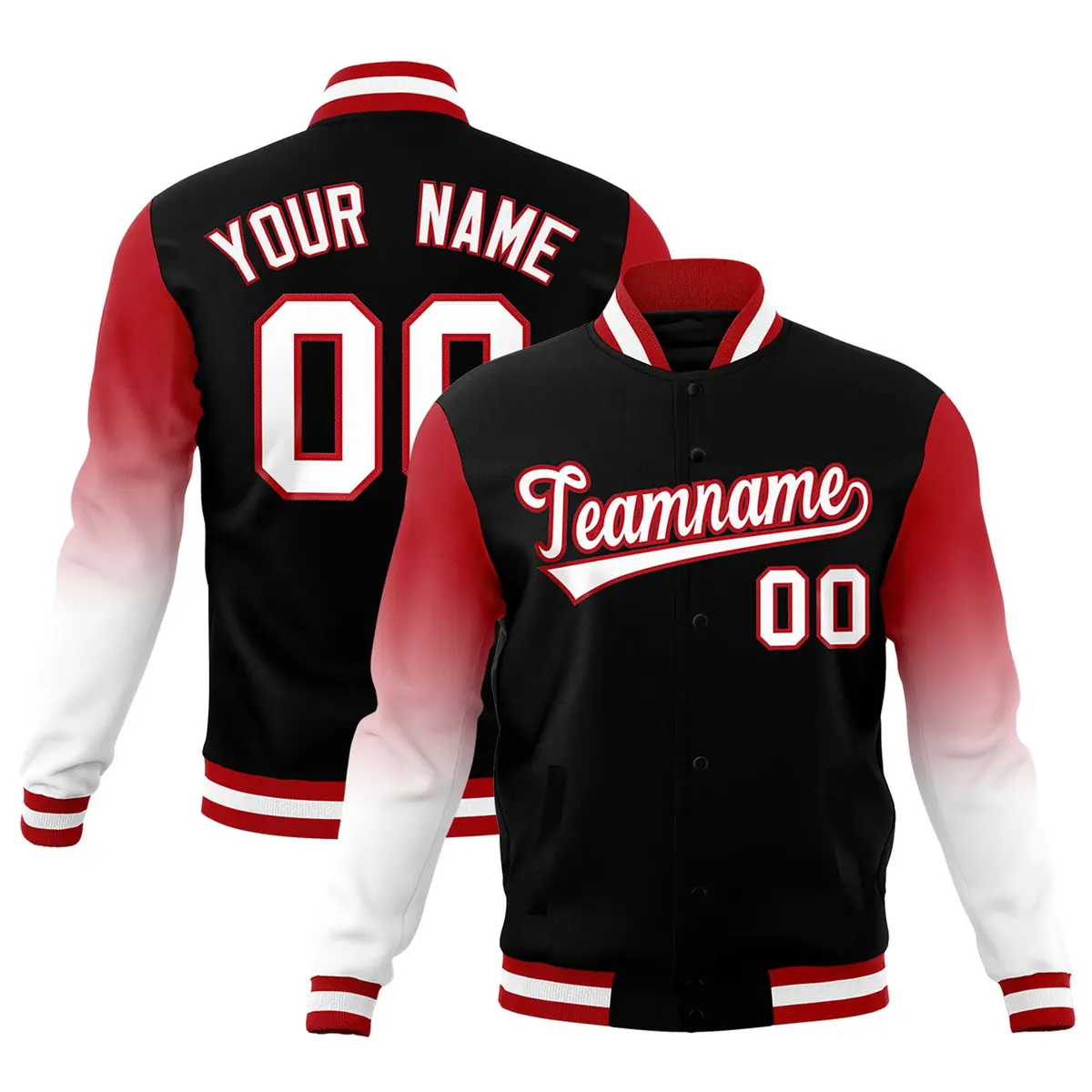 Black White Red Gradient Raglan Full-Snap Letterman Jacket