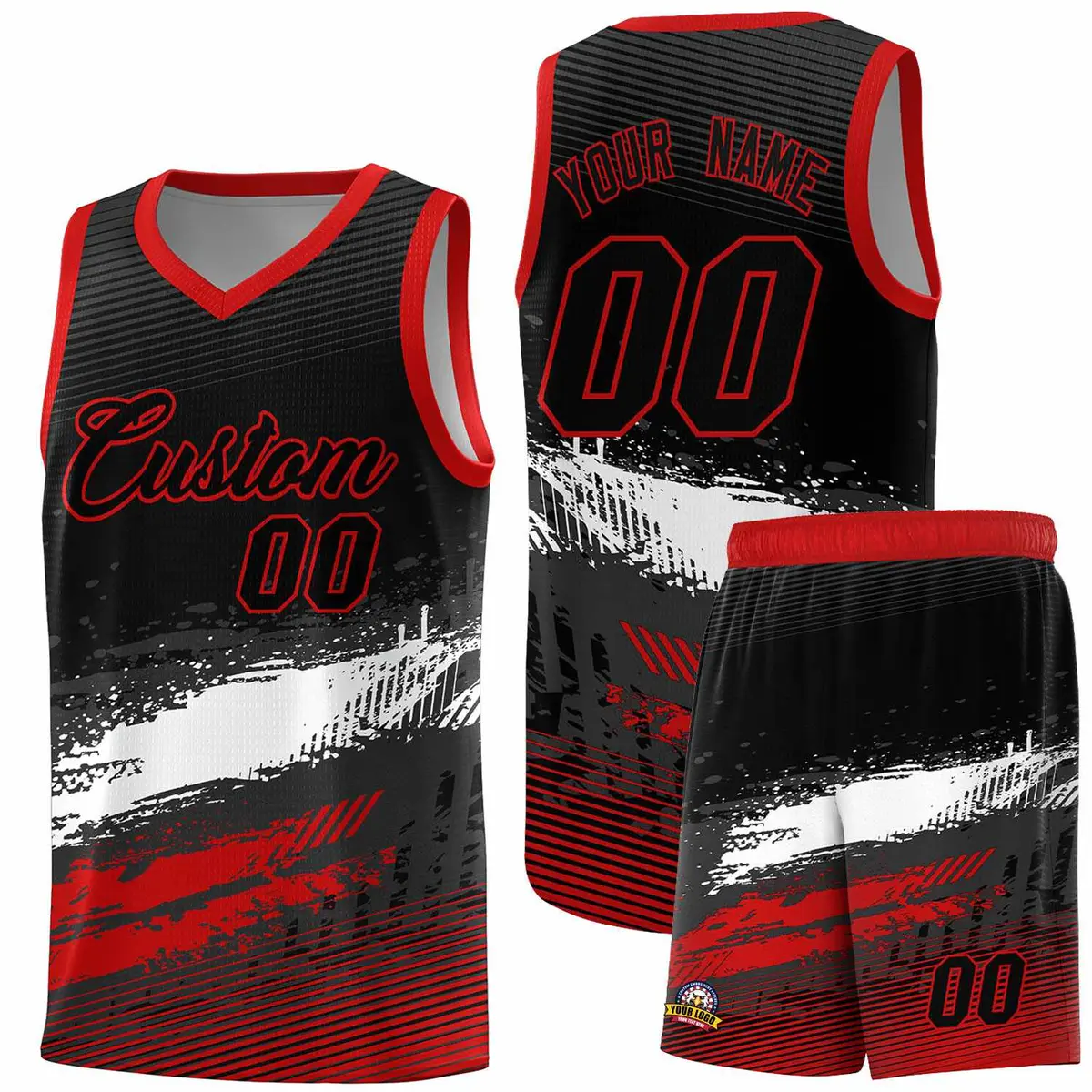 Black White Red Graffiti Pattern Basketball Jersey