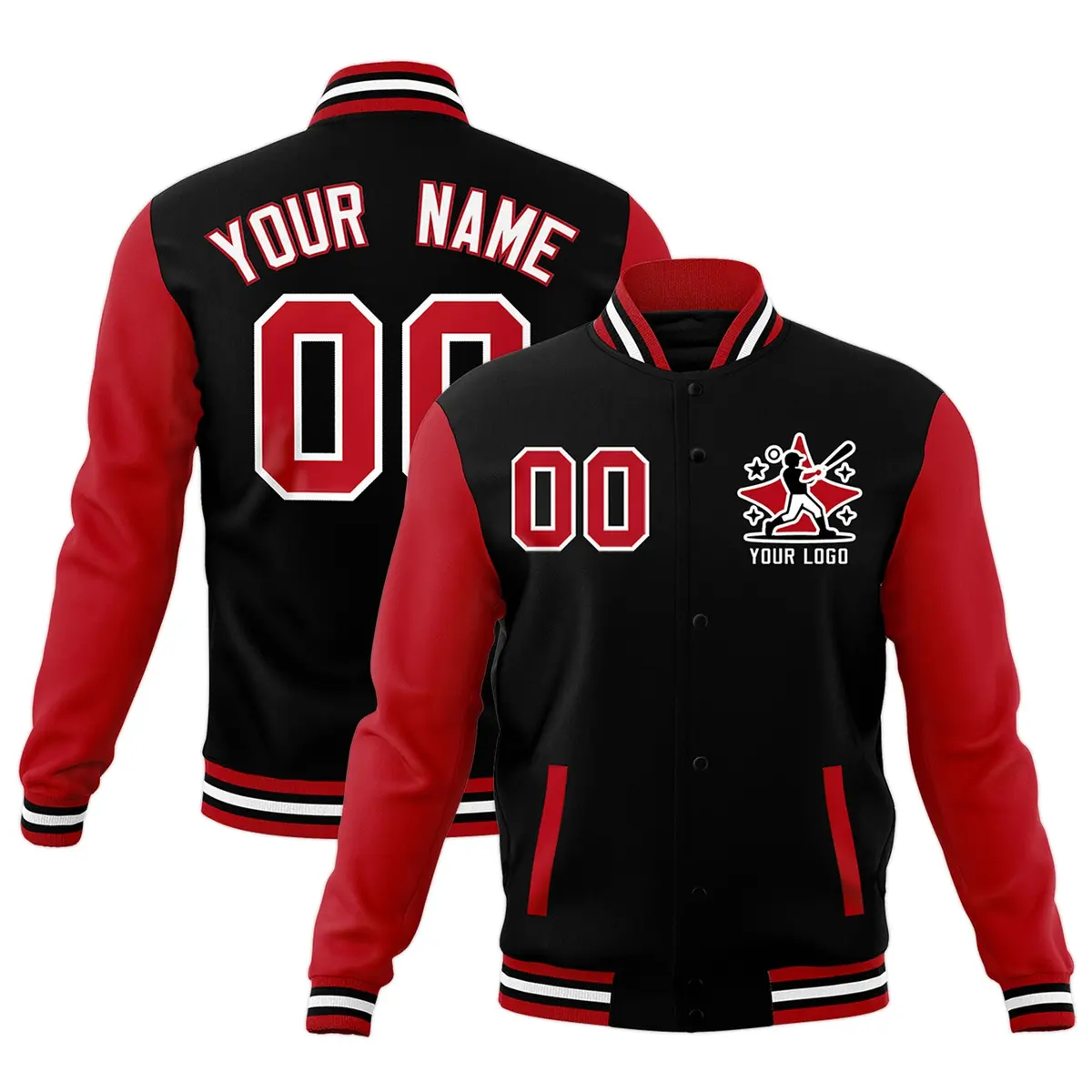 Black White Red Raglan Full-Snap Letterman Cotton Jacket