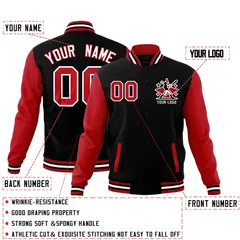 Black White Red Raglan Full-Snap Letterman Cotton Jacket 2
