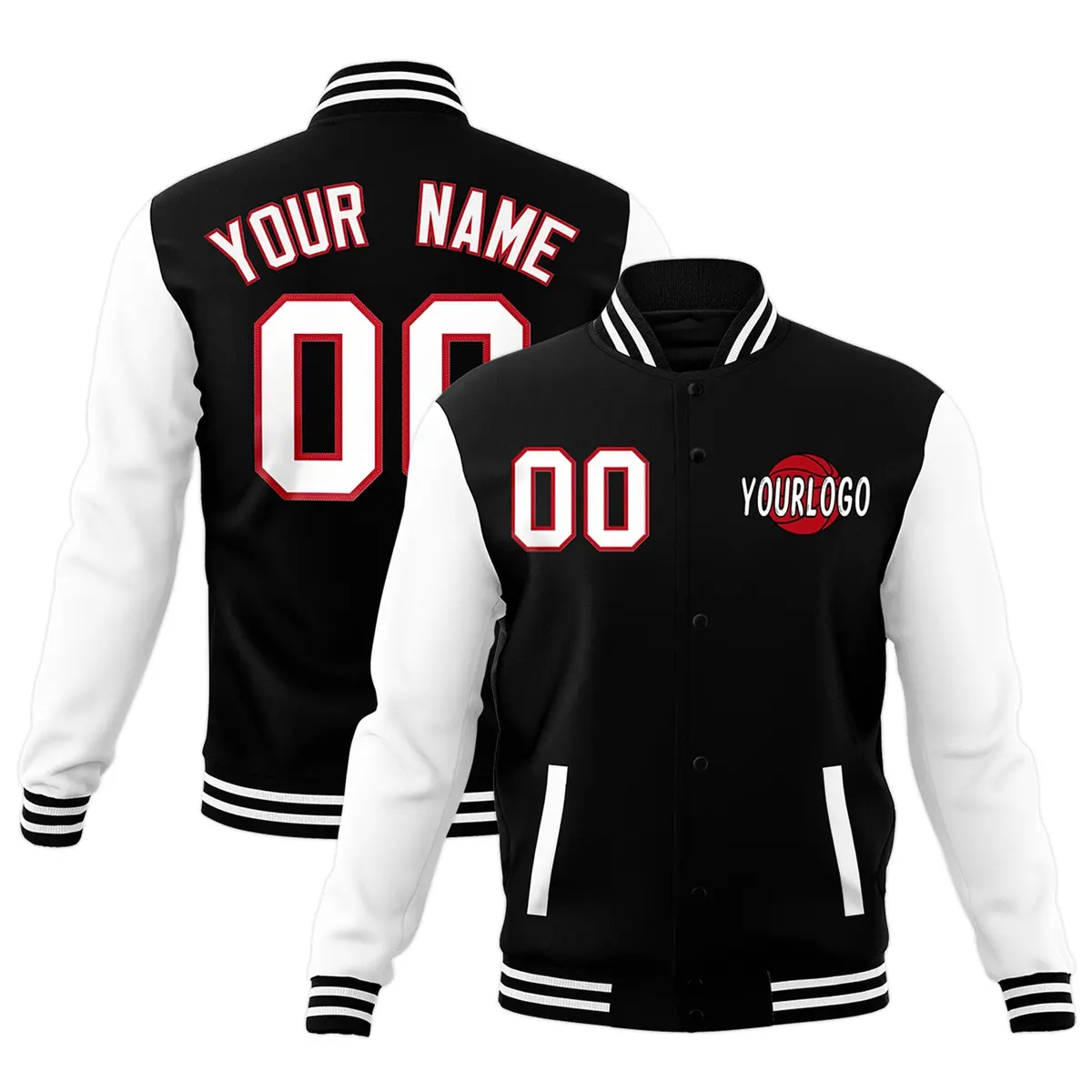 Black White Red Raglan Sleeve Cotton Letterman Jacket