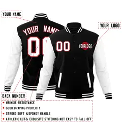 Black White Red Raglan Sleeve Cotton Letterman Jacket 2