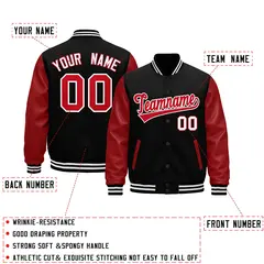 Black White Red Raglan Varsity Full-Snap Letterman Jacket 2