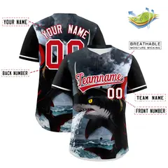 Black White Red Shark Graffiti Pattern Baseball Jersey 2