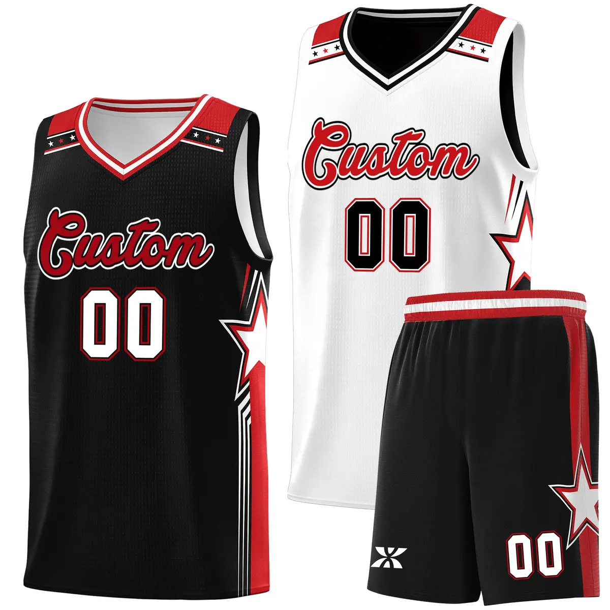 Black White Red Star Graffiti Double Side Basketball Uniform