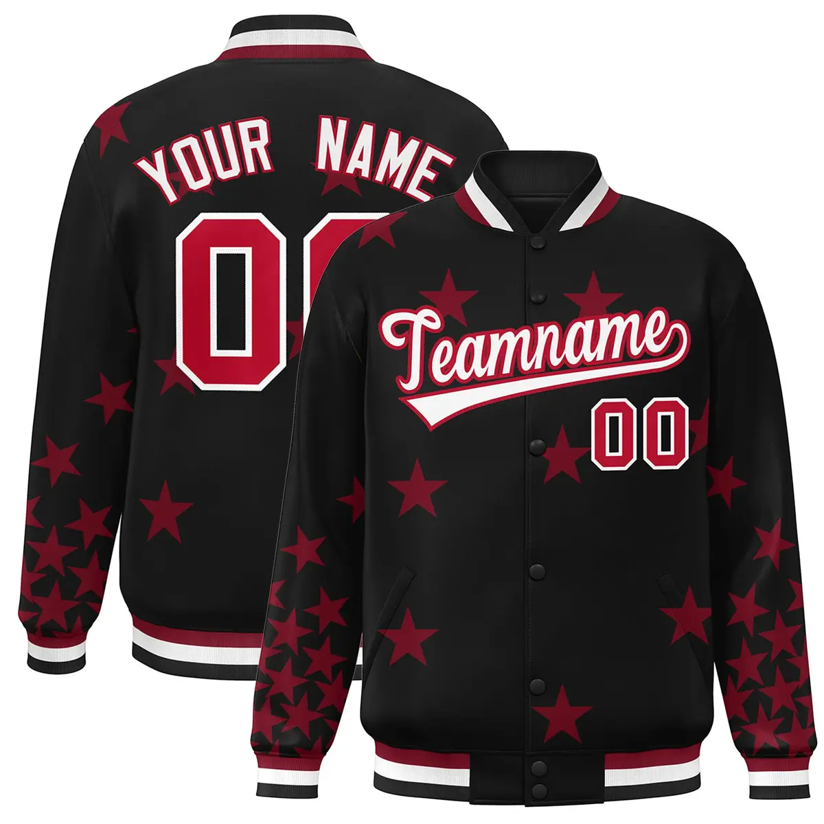 Black White-Red Star Graffiti Varsity Full-Snap Bomber Jacket