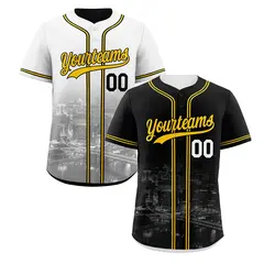 Black White Reversible City Skyline Graffiti Stretch Baseball Jersey 1