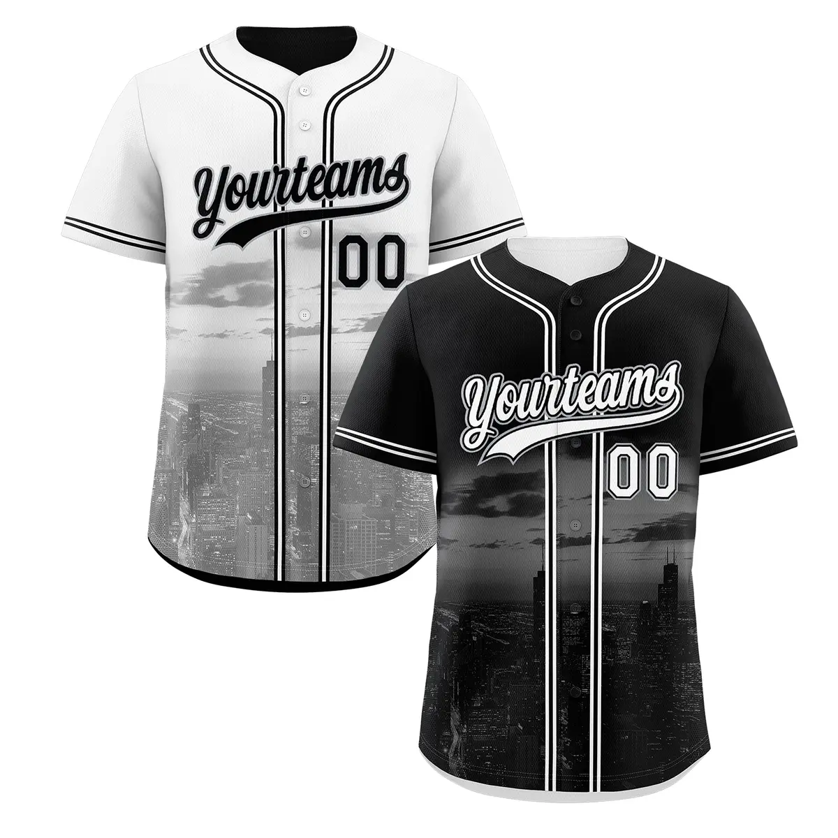 Black White Reversible City Skyline Graffiti Stretch Baseball Jersey