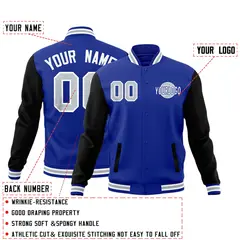 Black White Royal Blue Raglan Sleeve Cotton Letterman Jacket 2