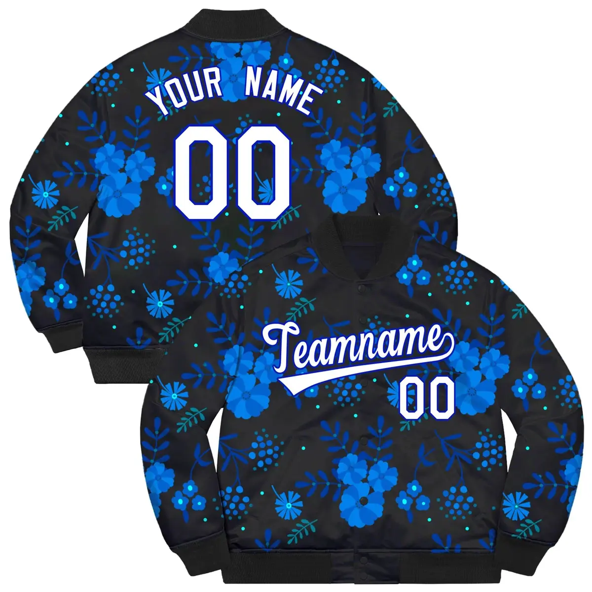 Black White-Royal Flowers Graffiti Bomber Varsity Jacket