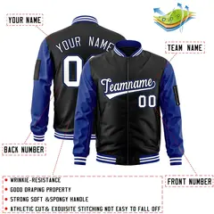Black White-Royal Raglan Sleeves Varsity Letterman Bomber Jacket 2