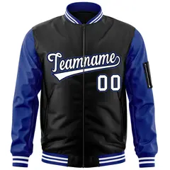 Black White-Royal Raglan Sleeves Varsity Letterman Bomber Jacket 3