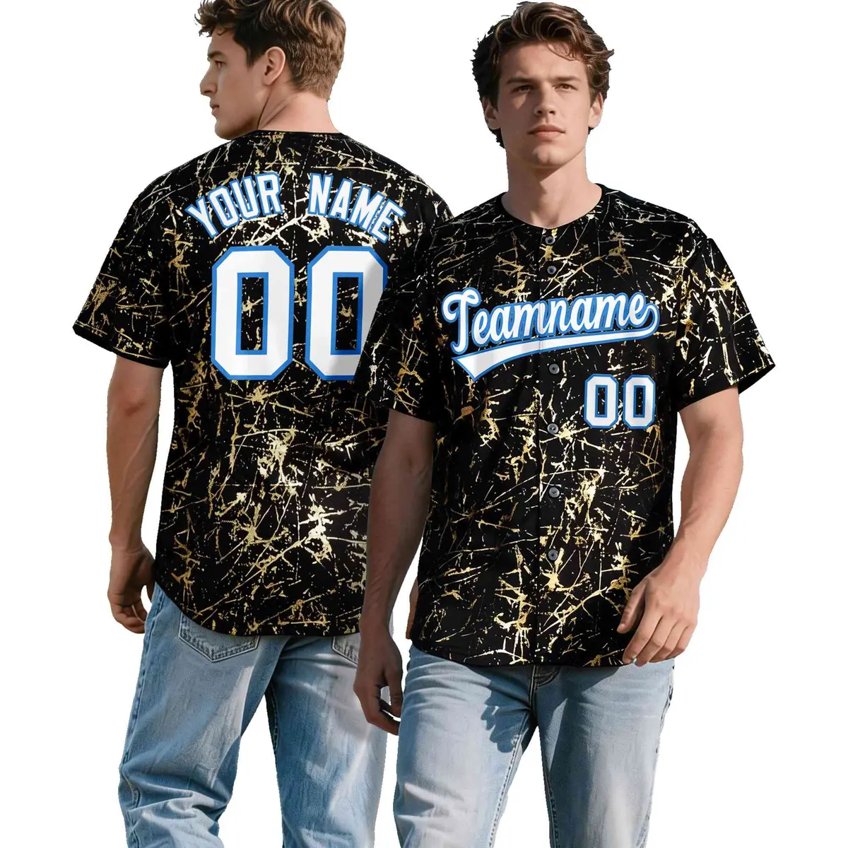 Black White Shiny Gold Cracked Foil Hip Hop Baseball Jersey