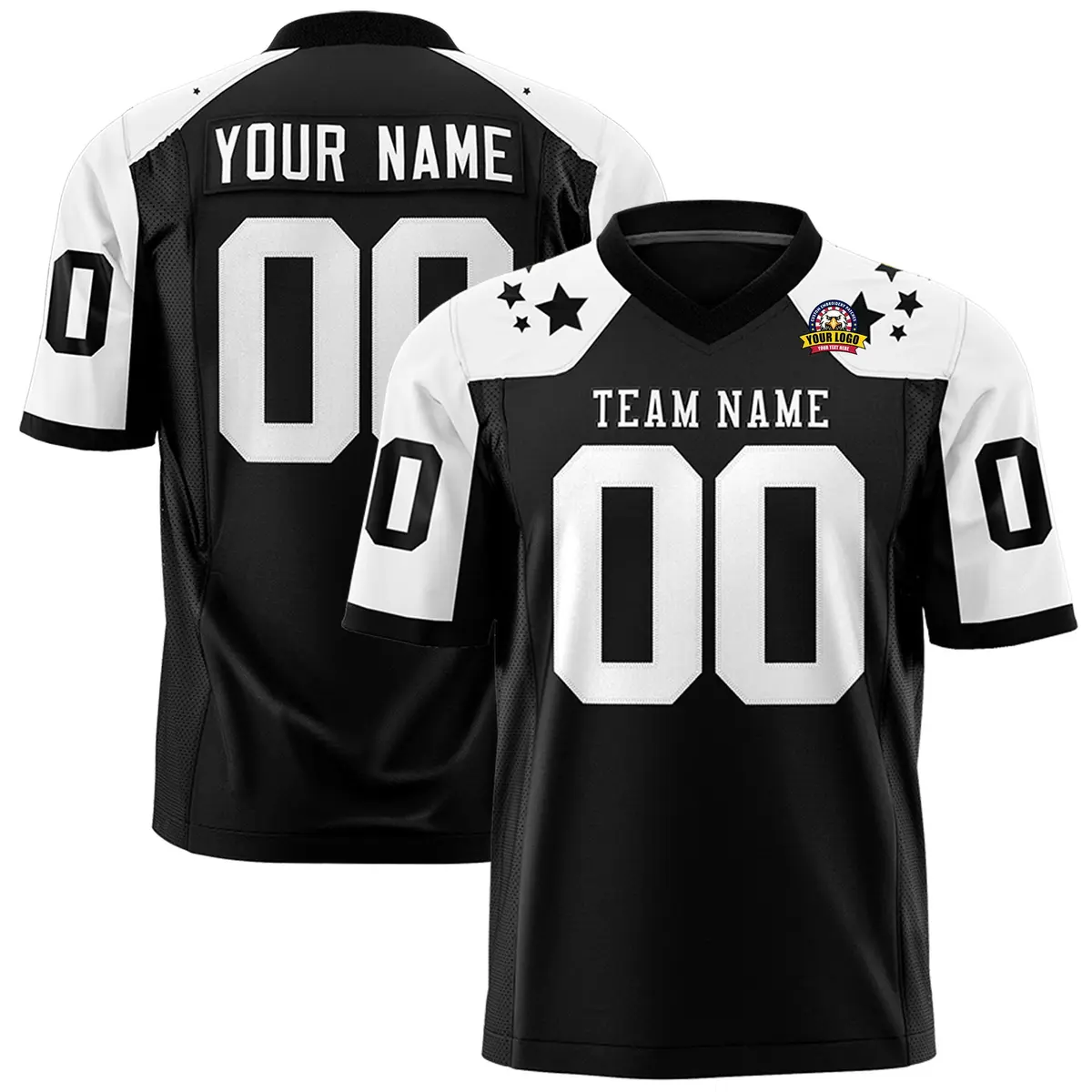 Black White Shoulder Star Pattern Flag Football Jersey