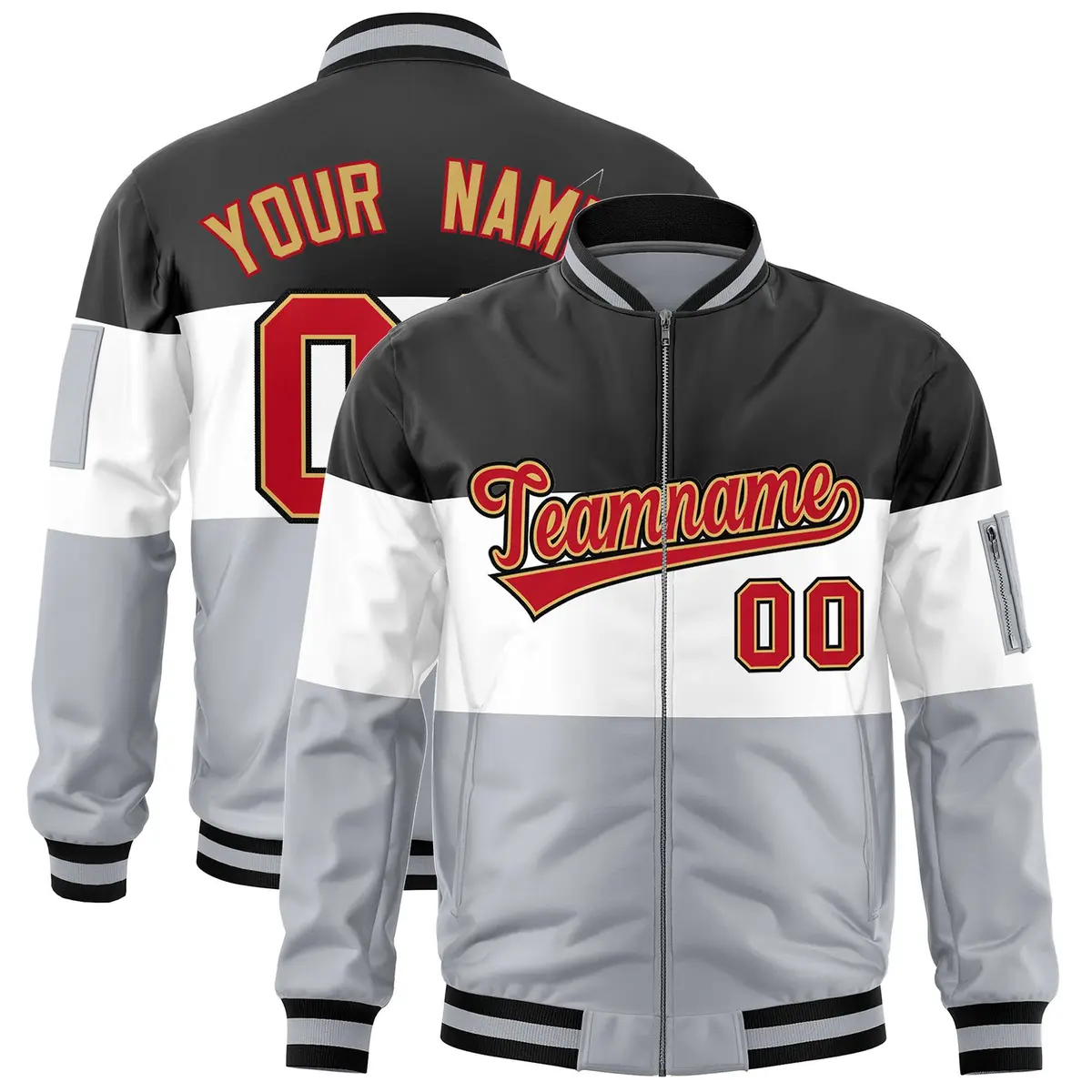 Black White-Silver Varsity Color Block Full-Zip Letterman Bomber Jacket
