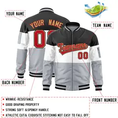 Black White-Silver Varsity Color Block Full-Zip Letterman Bomber Jacket 2