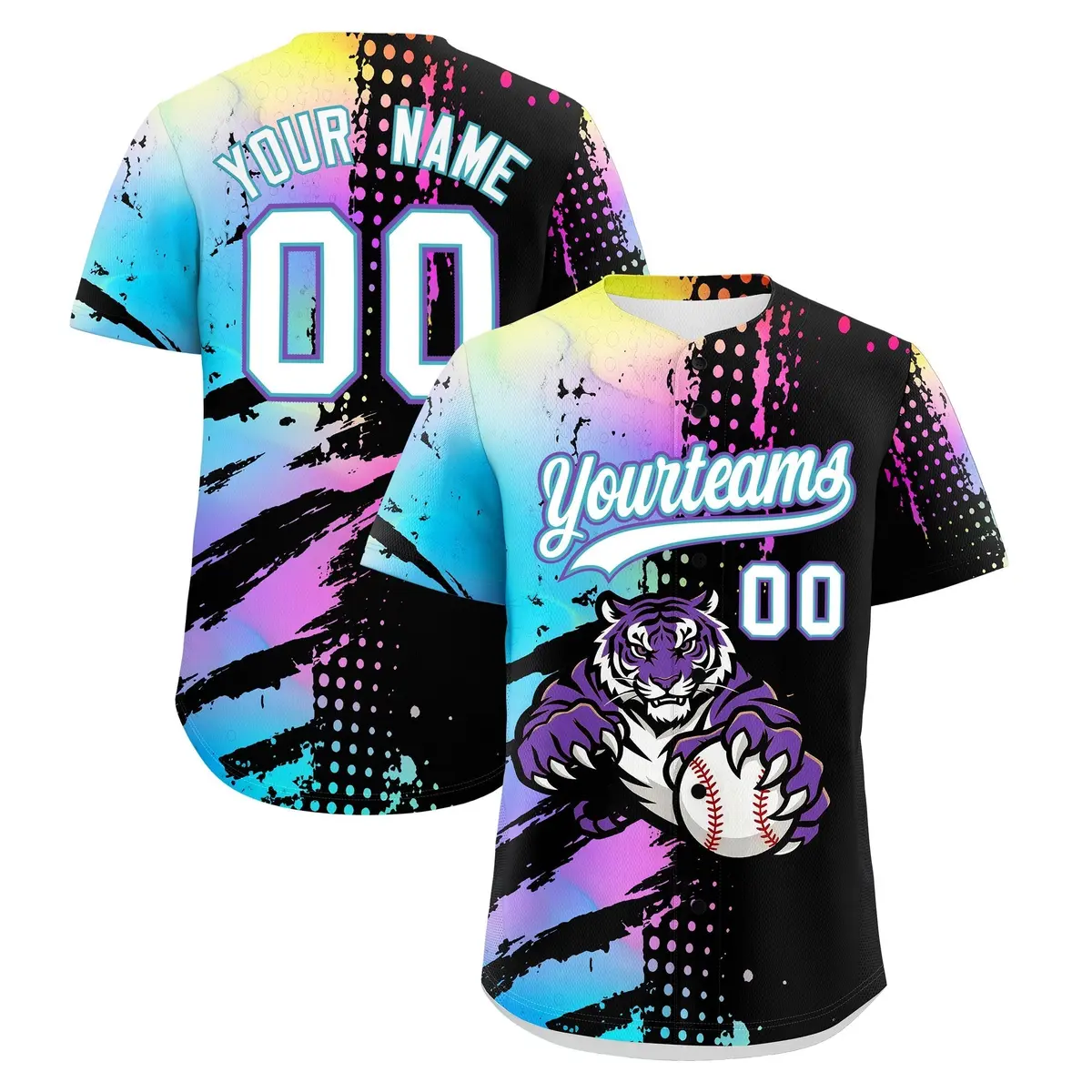 Black White Sky Blue Full-Snap Tiger Graffiti Baseball Jersey