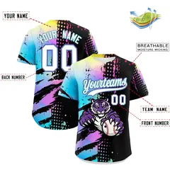 Black White Sky Blue Full-Snap Tiger Graffiti Baseball Jersey 2