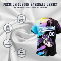 Black White Sky Blue Full-Snap Tiger Graffiti Baseball Jersey 3