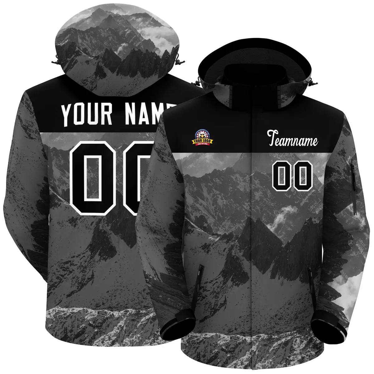 Black White Snow Mountain Graffiti Pattern Hooded Waterproof Jacket