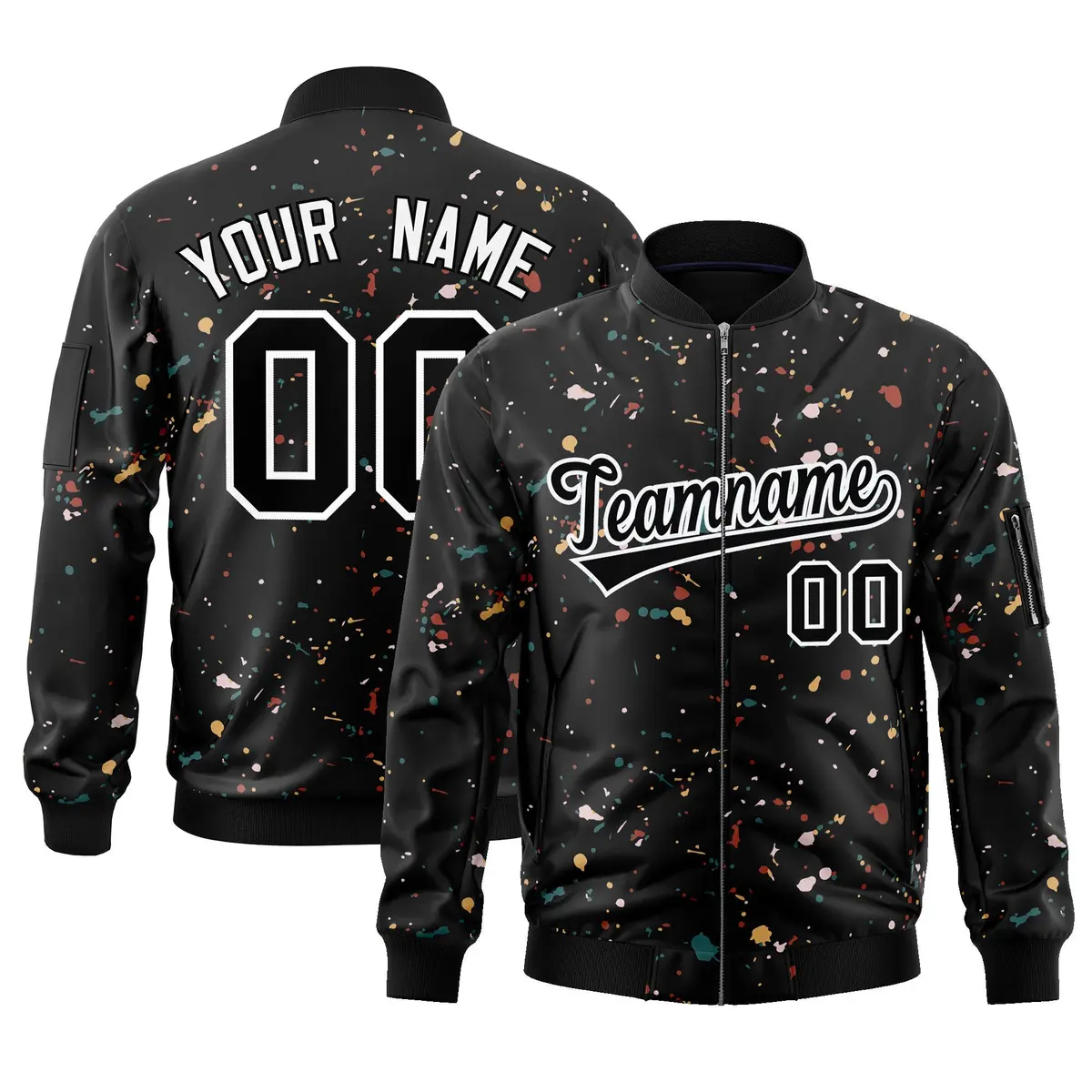 Black White Splash Graffiti Pattern Varsity Full-Zip Letterman Jacket