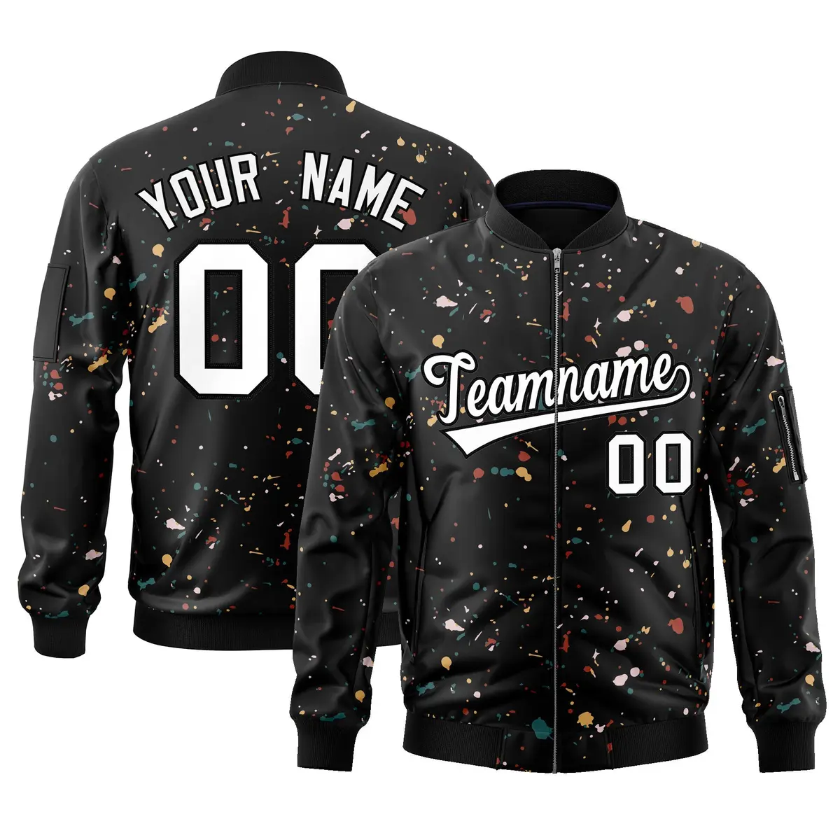 Black White Splash Graffiti Pattern Varsity Full-Zip Letterman Jacket