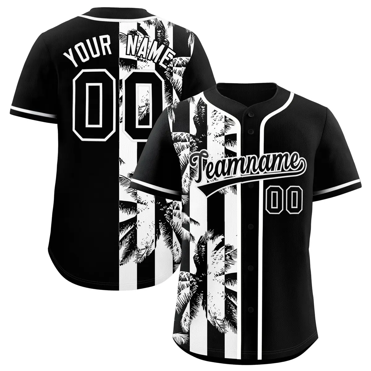 Black White Split Coconut Tree Design Baseball Jersey