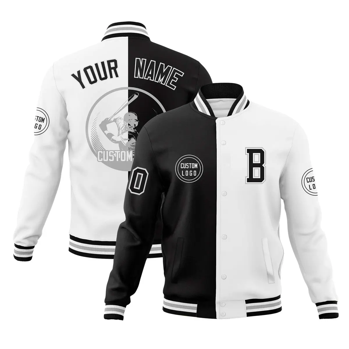 Black White Split Letterman Full-Snap Varsity Baseball Jacket
