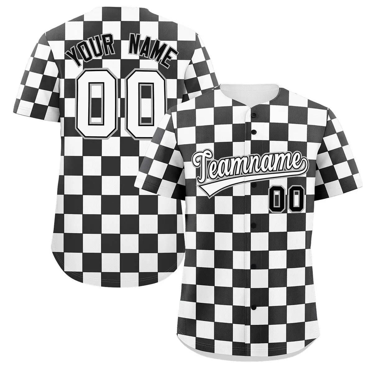 Black White Square Grid Color Block Baseball Jersey