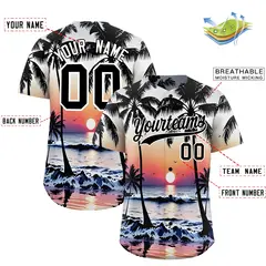Black White Sunset Hawaiian Graffiti Palm Tree Baseball Jersey 2
